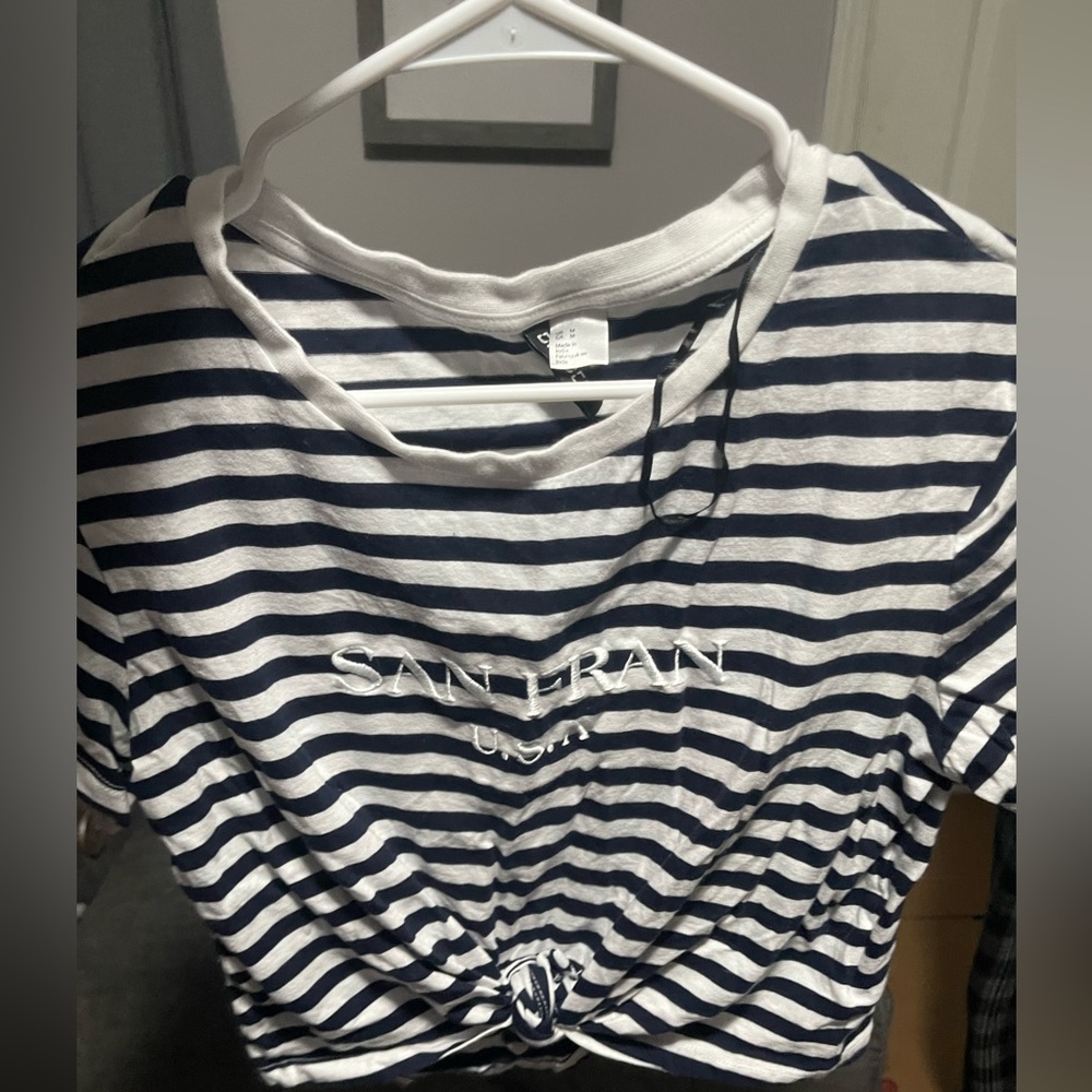 White & blue striped top with a knit front